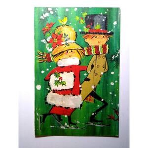 Christmas Ice Skating Couple Bird Retro Mid Century Mod Groovy Greeting Card NOS